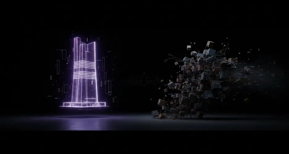 Links violettes Turm-Hologramm, rechts auseinanderstiebende dunkle Kuben; symbolisch Modernität versus Zerfall.