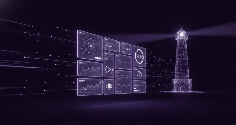 Violettes, schwebendes Dashboard mit Datenkacheln neben Wireframe-Leuchtturm, der einen Lichtstrahl ausstrahlt.