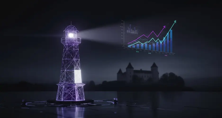 Violetter Wireframe-Leuchtturm projiziert Licht auf holografische Wachstumsdiagramme vor einer Burgsilhouette.