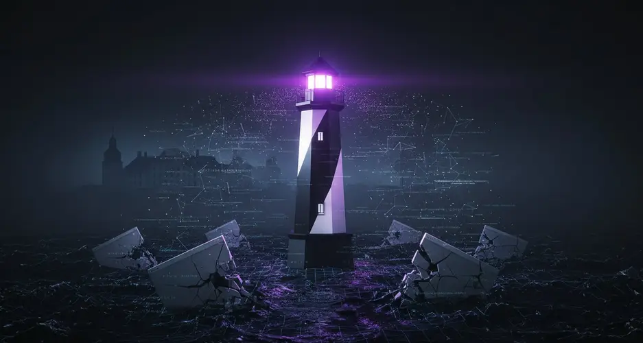 Leuchtturm mit violettem Schein über digitalem Rastermeer, umgeben von zerbrochenen Felsen vor Stadtsilhouette.