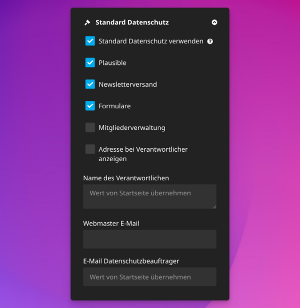Screenshot von Datenschutzseite mit automatischen Texten