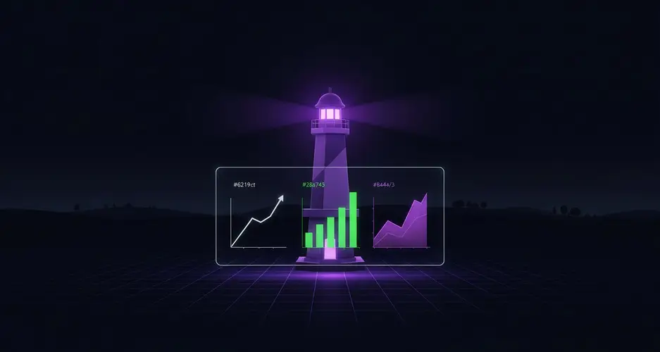Dunkler Leuchtturm mit violettem Strahl hinter transparentem Dashboard mit Diagrammen welche einen Trend nach oben zeigen