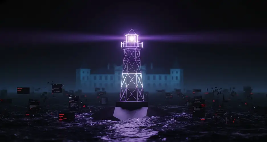 Violett leuchtender Leuchtturm auf dunklem Meer, umgeben von schwimmenden, dunklen Datenblöcken vor einer Stadtsilhouette.