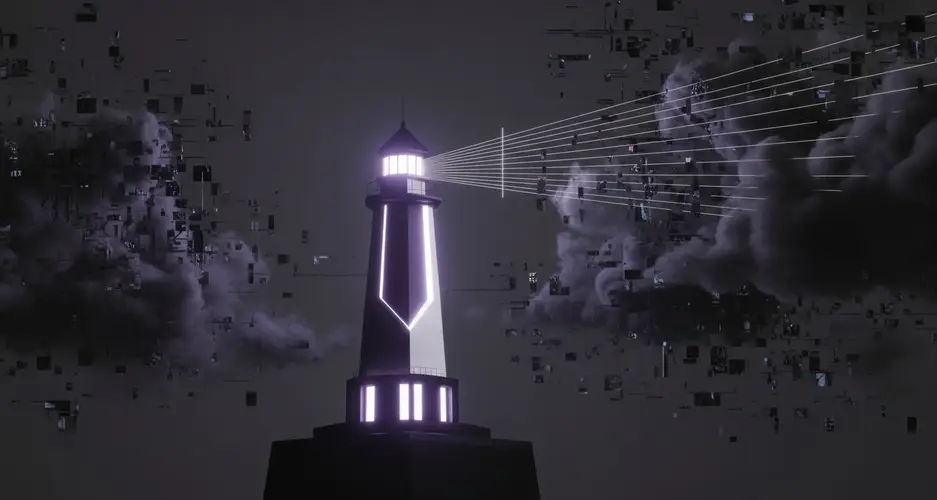 Futuristischer Leuchtturm mit violettem Neonlicht, das datengleiche Strahlen durch pixelige Wolken sendet.
