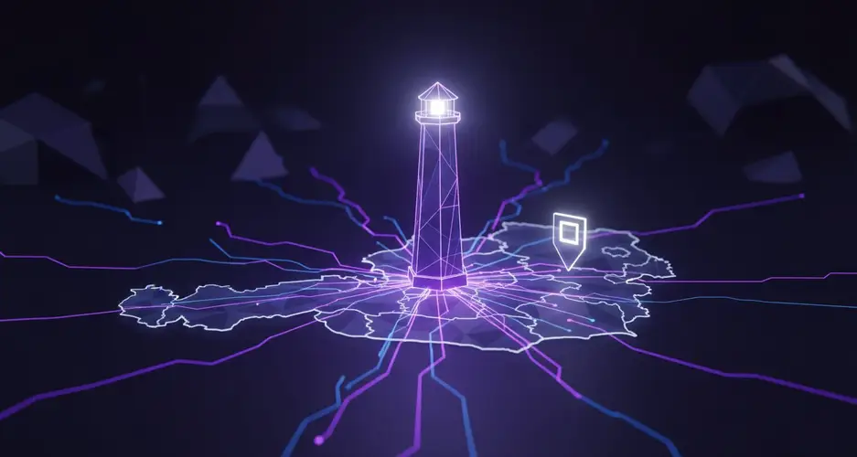Neon-Leuchtturm über dem Umriss Österreichs, lila/blaue Leitungen strahlen aus, rechts ein Standort-Pin.