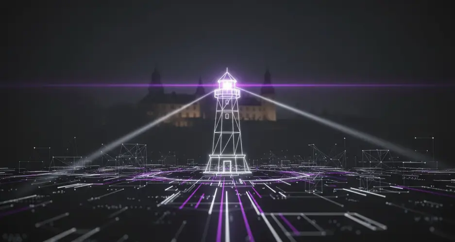 Drahtiger weiß-violetter Leuchtturm strahlt über ein digitales Datenraster; unscharfe Burgsilhouette im Hintergrund.