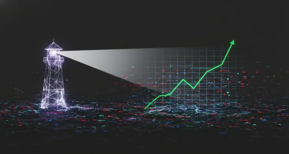 Drahtgitter-Leuchtturm strahlt Licht auf digitales Raster, grüner Aufwärtstrend symbolisiert steigende Performance.